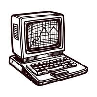 Retro computer with graphical data display on screen in black and white sketch vector