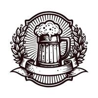 Vintage beer mug with foam and decorative laurel wreath emblem vector