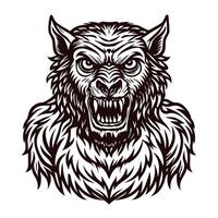 Fierce werewolf with sharp fangs and intense expression in monochrome vector