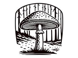 Large mushroom in forest landscape with tall trees in the background vector