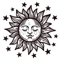 Artistic of a sun with a face surrounded by stars in a celestial theme vector