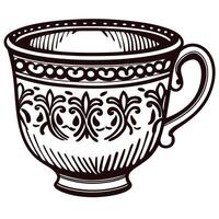 Vintage ornate teacup with intricate design in black and white vector