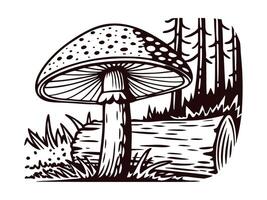 Mushroom in forest setting with log and trees vector
