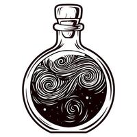 Mystical swirling night sky potion in a bottle with celestial patterns vector