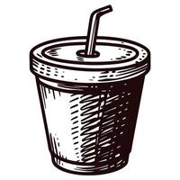 Hand drawn sketch of a disposable cup with straw for beverages vector