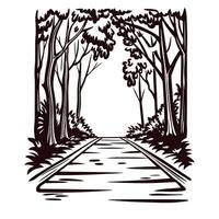 Scenic forest pathway framed by tall trees in a minimalist black and white design vector