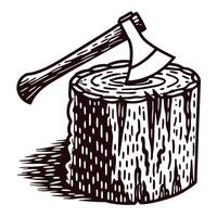 Axe embedded in wood stump depicting traditional logging tools vector