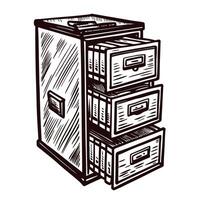 Vintage filing cabinet with open drawers in black and white drawing vector
