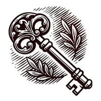 Vintage ornate key with decorative elements surrounded by leaves in monochrome vector
