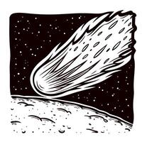 Fiery meteor streaking across starry sky approaching barren surface in space vector