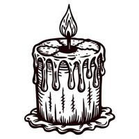 Vintage ink drawing of a dripping candle with a flickering flame on a rustic base vector