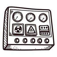 Hand drawn control panel with gauges and warning symbols in black and white vector