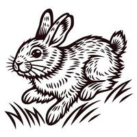 Stylized black and white of a rabbit hopping through grass vector