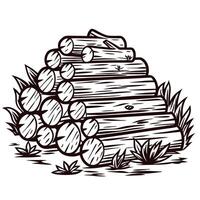 Stack of logs with grass in vintage black and white sketch vector