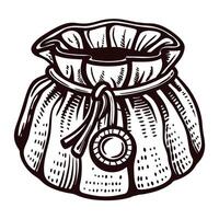 Vintage money bag with drawstring and seal in detailed monochrome vector