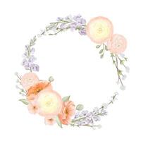 Spring Flowers Wreath, circle Frame, Border from Ranunculus and Iceland Poppies Flowers, Freesia, Peach or Cherry and Snow Willow Branches. Watercolor hand painted botanical illustration isolated on a vector