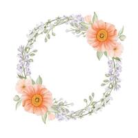 Wreath from spring flowers. Iceland Poppies, Freesia and Peach or Cherry and Snow Willow Branches. Circle frame, border. Watercolor hand drawn botanical illustration isolated on a white background vector