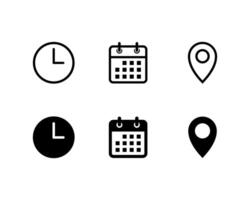 Clock, calendar, location pin. Date, time, location address icon set. vector