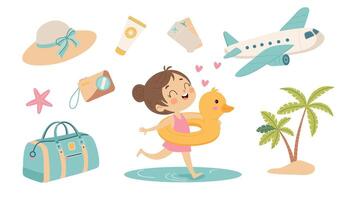 Set of summer travel icons. Colorful summer elements set. A collection of stickers depicting various beach and summer items, illustration in flat cartoon style. vector