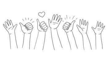Applause hands set in doodle style. Human hands sketch with arms raised in gestures like clapping, thumbs-up and heart-finger symbols on a white background, illustration. vector