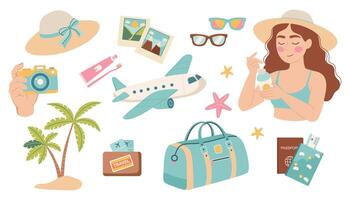 Set of summer travel icons. Colorful summer elements set. A collection of stickers depicting various beach and summer items vector