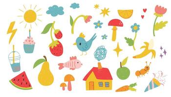 Hand drawn colored set of simple decorative elements. Cute set of hand drawn elements for children's design. vector
