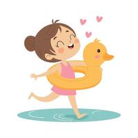 Cute little girl running with rubber ring and rubber duck in water Illustration vector