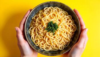 Hands Holding Bowl of Noodles with Parsley on Bright Yellow Background photo