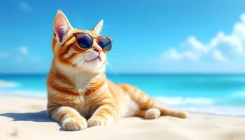 Ginger Cat Wearing Sunglasses Relaxing on the Beach with Ocean View photo
