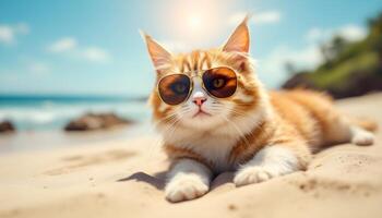 Cat Wearing Sunglasses Lying on Beach Sand Enjoying Summer Vacation photo