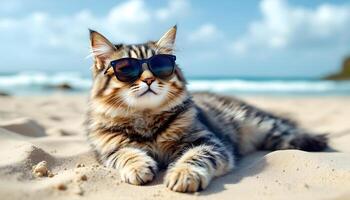 Cool Cat Enjoying the Beach with Sunglasses on a Sunny Day photo