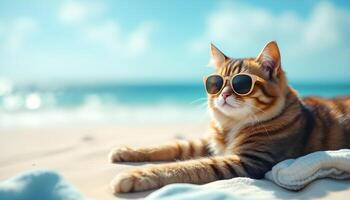 Cool Cat Sunbathing on Beach Wearing Sunglasses Enjoying Summer Vacation photo