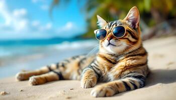 Cat Wearing Sunglasses Relaxing on a Tropical Beach Enjoying Vacation photo