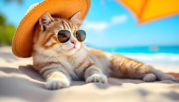 Cat Relaxing on Beach Wearing Sunglasses and Straw Hat Enjoying Vacation photo