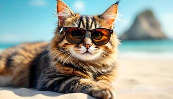 Cat Wearing Sunglasses on Beach Vacation Relaxing in the Sand photo