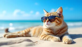 Cool Cat Relaxing on Beach with Sunglasses and Ocean View photo