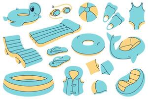Set of illustrations of beach and pool accessories. Perfect for summer and vacation designs. vector