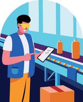 A flat style illustration showing a character working on a production line vector