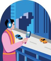 A flat style illustration showing an engineer doing noise hearing testing vector
