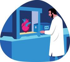 A flat style illustration showing a lab technician doing bioprinting vector
