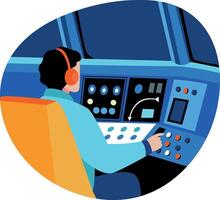 A flat style illustration showing a character sitting in a flight control room vector