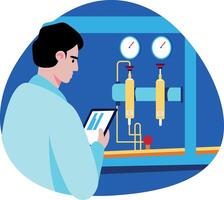 A professional engineer monitoring a hydraulic system, flat illustration vector
