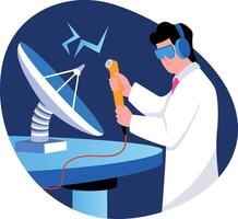 A flat style illustration showing a satellite testing engineer vector