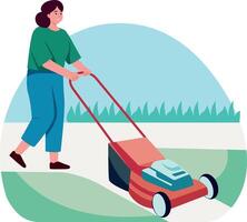 A character cutting grass with a lawn mower, flat illustration vector