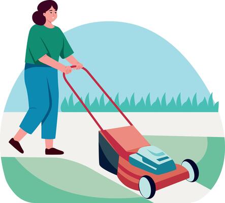 A character cutting grass with a lawn mower, flat illustration