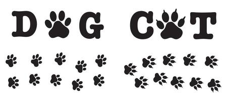 Cat and dog paw prints, flat style. Animal footprints drawing on white background vector