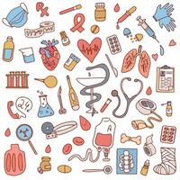 Hand drawn set of nurse and medical supplies icons. Healthcare icons and medical items in doodle style. Medicines, medical products, devices. vector