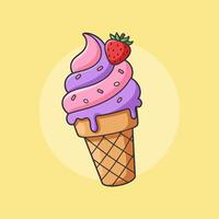 Ice cream with strawberry and purple icing on a yellow background vector