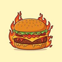 A cartoon burger with fire on it vector