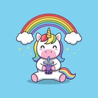 A cartoon unicorn with a drink and rainbow vector